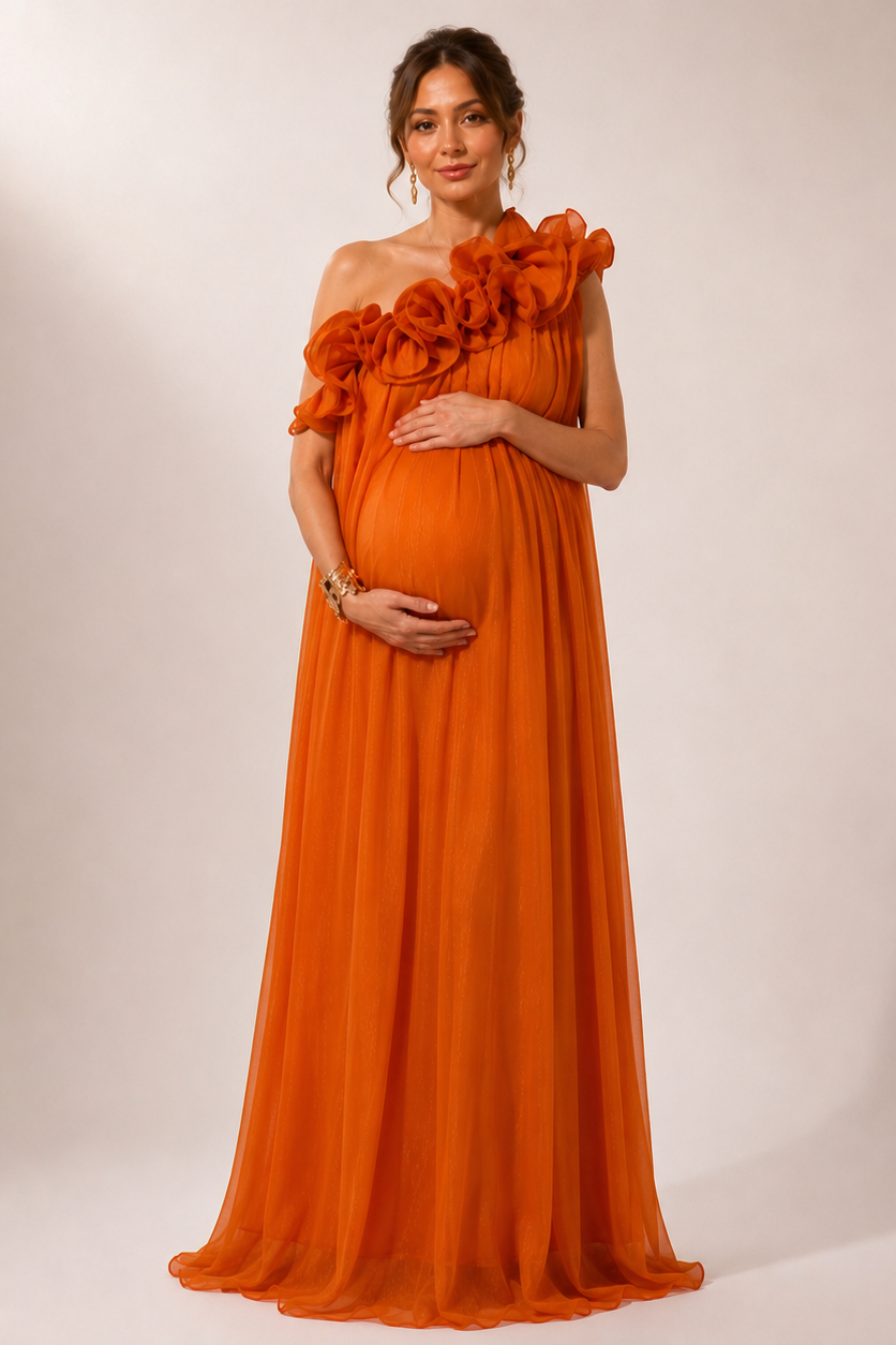 Orange Maternity Maxi Dress with One Shoulder Ruffle Detail – Baby Sho – HighTouch