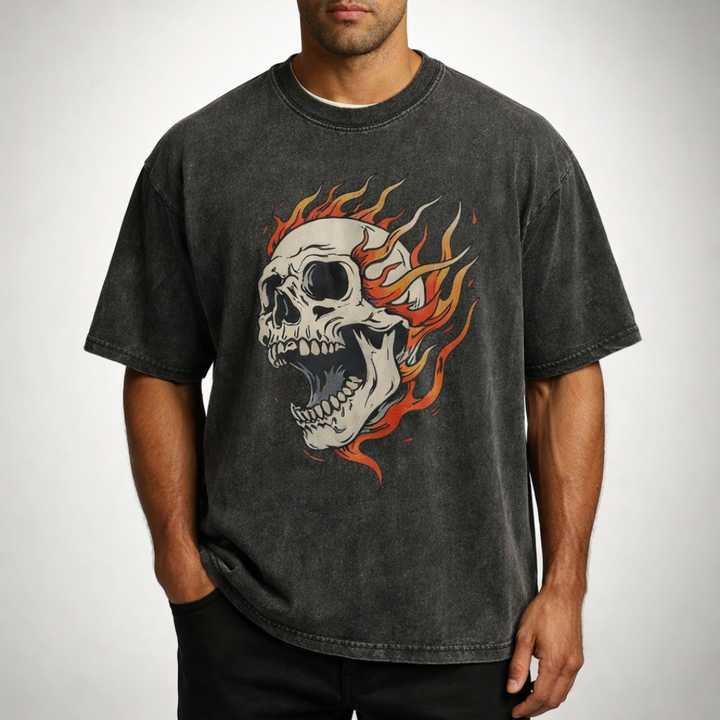 Men's Oversized Acid Wash Skull T-Shirt