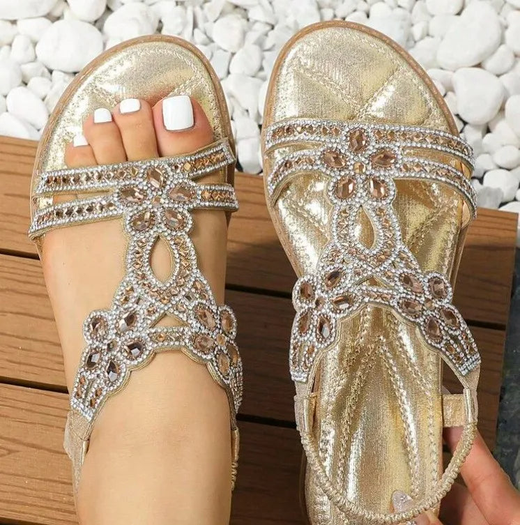 Bohemian Rhinestone Flat Sandals – Comfortable Summer T-Strap for Women