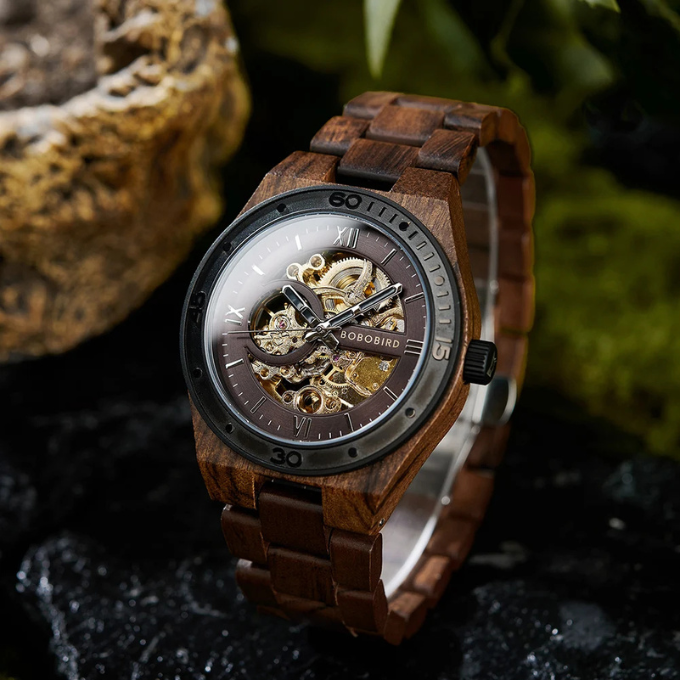 Men's Automatic Wooden Skeleton Watch | Self-Winding Luxury Timepiece
