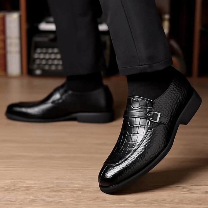 Men’s Leather Monk Strap Shoes – Croc Textured Style