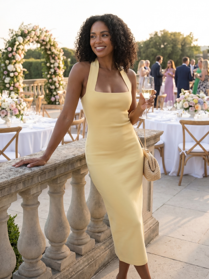 Isabella | Halter Neck Fitted Midi Dress For Special Occasions