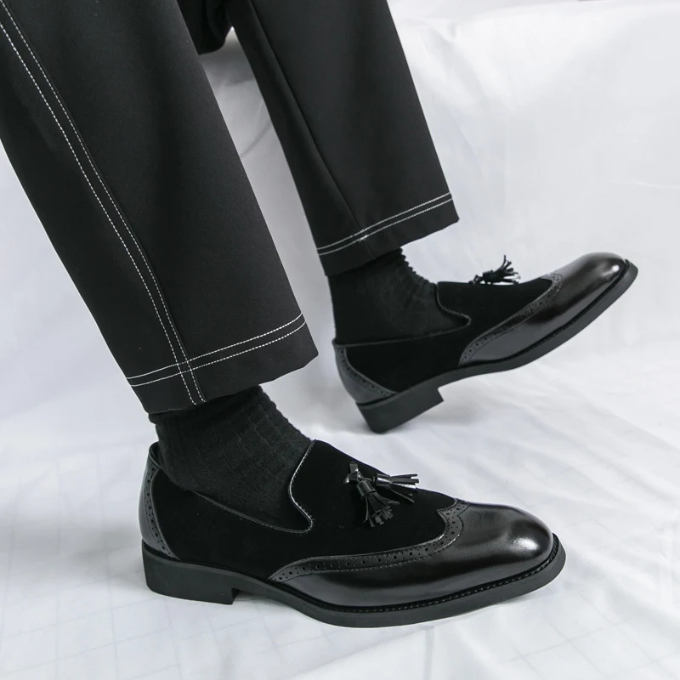 Men's Leather Tassel Loafers with Suede Panels