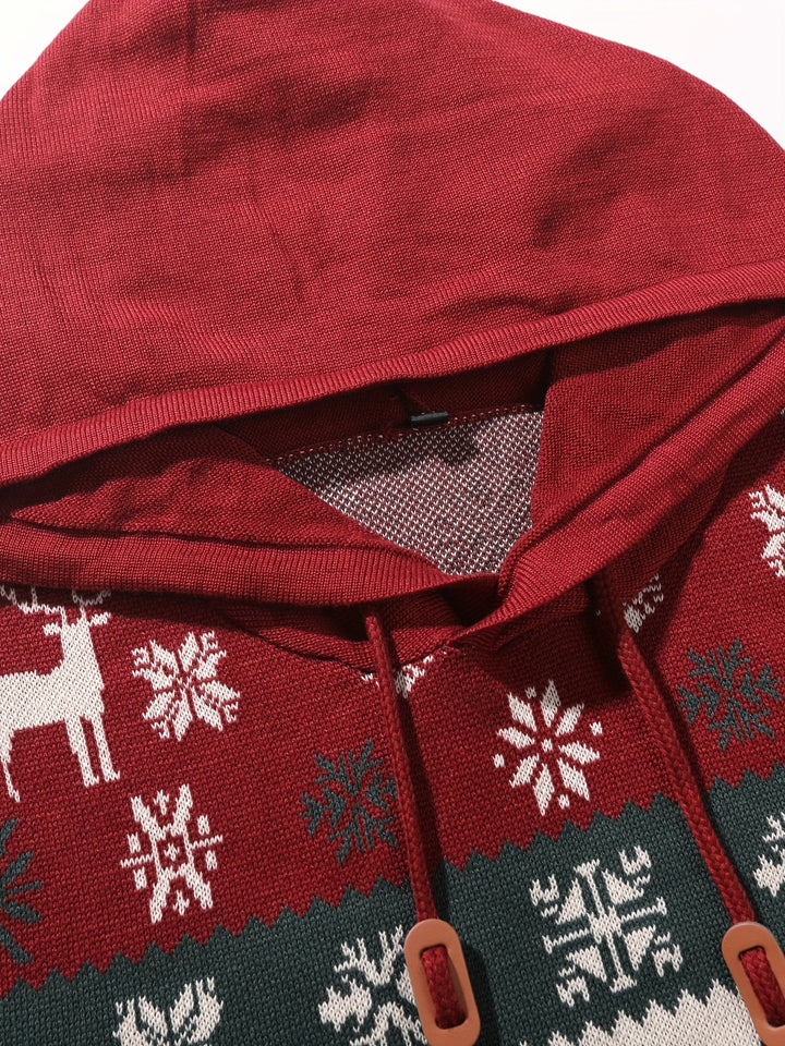 Women's Hooded Christmas Sweater with Reindeer and Snowflake Pattern