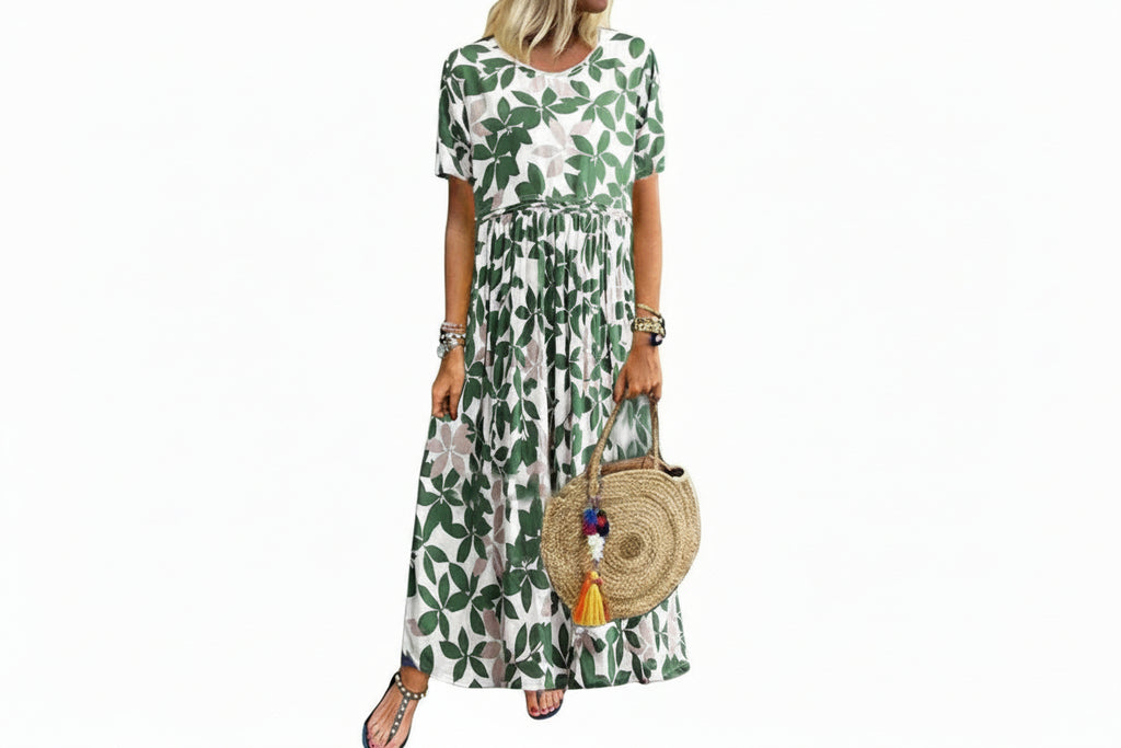 Loose Slim Cotton & Linen Dress|Short Sleeve Round Neck-HighTouch