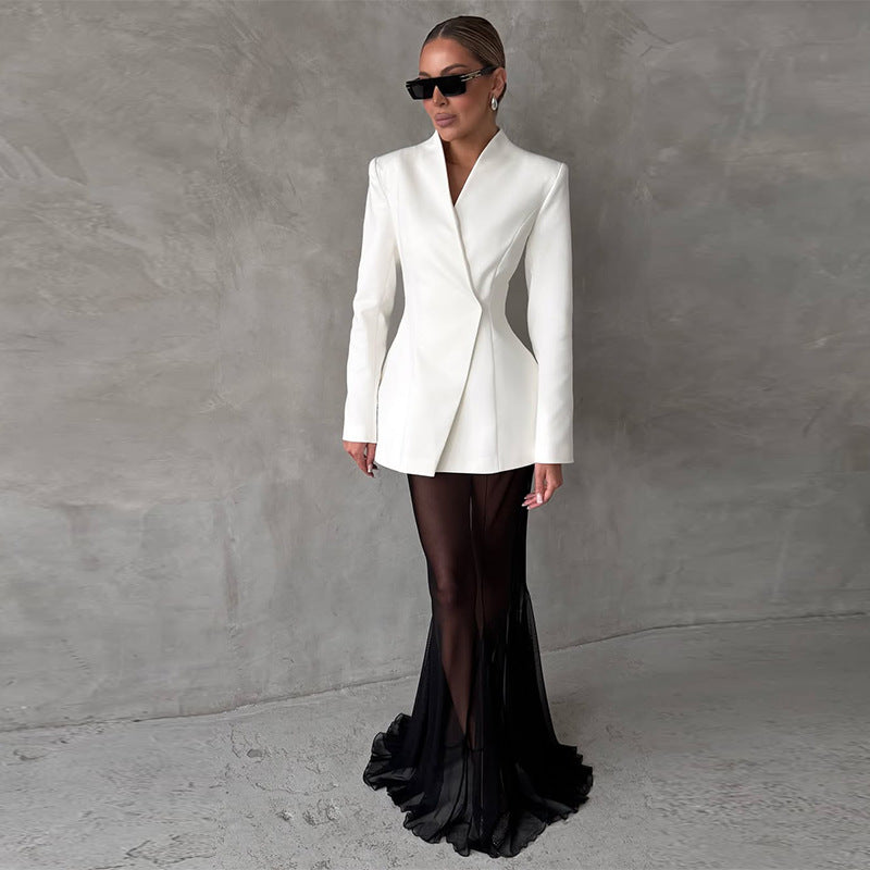 Cross-border Foreign Trade Design Sense Temperament Commute Pure Color Mesh Suit-HighTouch