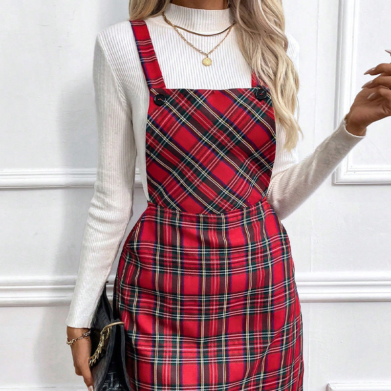Women's Striped Plaid Suspender Sundress – Elegant Commuter Midi Dress-HighTouch