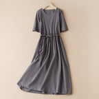 Women's Cotton & Linen Dress |Japanese Korean Casual A-Line Midi-HighTouch