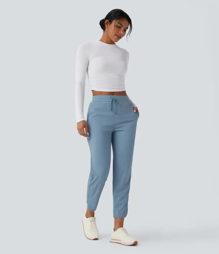 Mid Rise Drawstring Curved Hem Quick Dry Golf Tapered Pants with Pockets-UPF40+