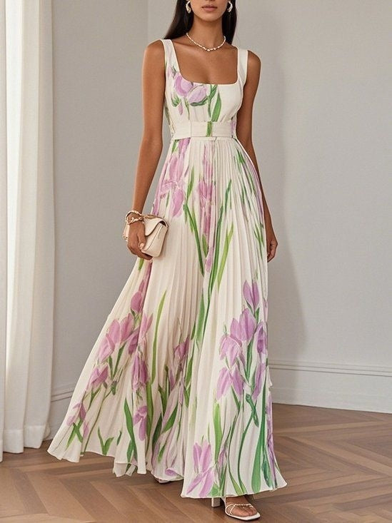 European And American Pleated Printing Dress-HighTouch