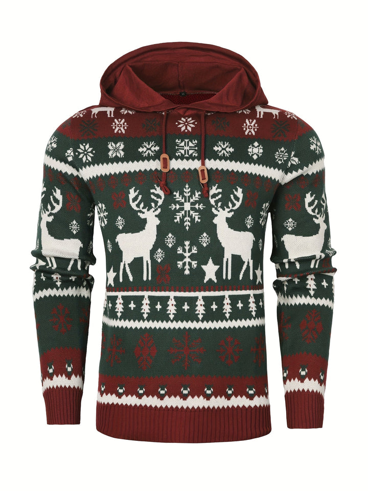 Women's Hooded Christmas Sweater with Reindeer and Snowflake Pattern