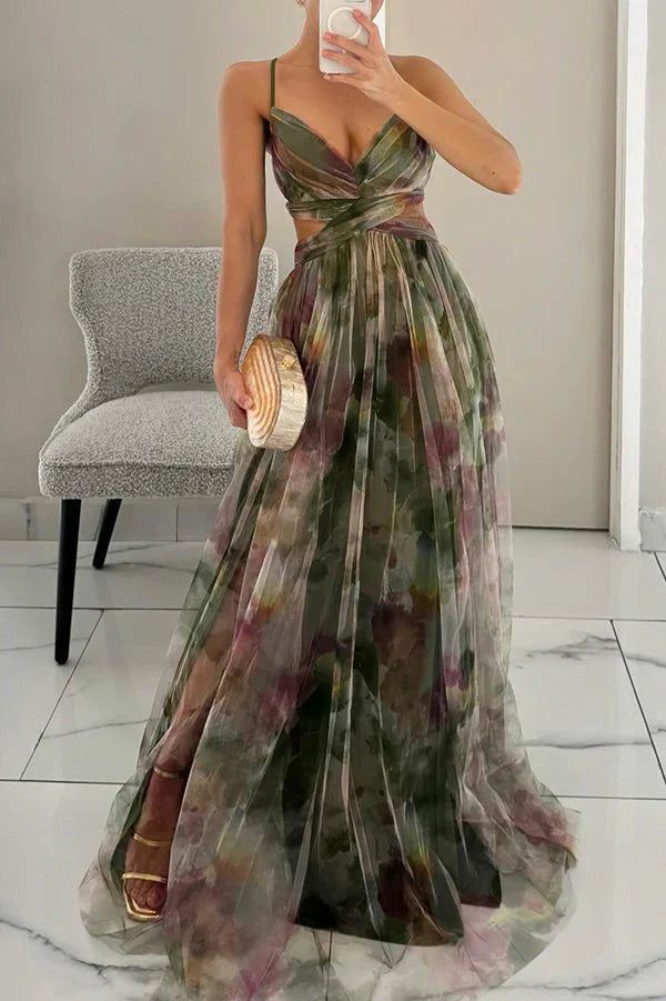 Faye | Elegant Printed Lace-Up Maxi Dress-HighTouch