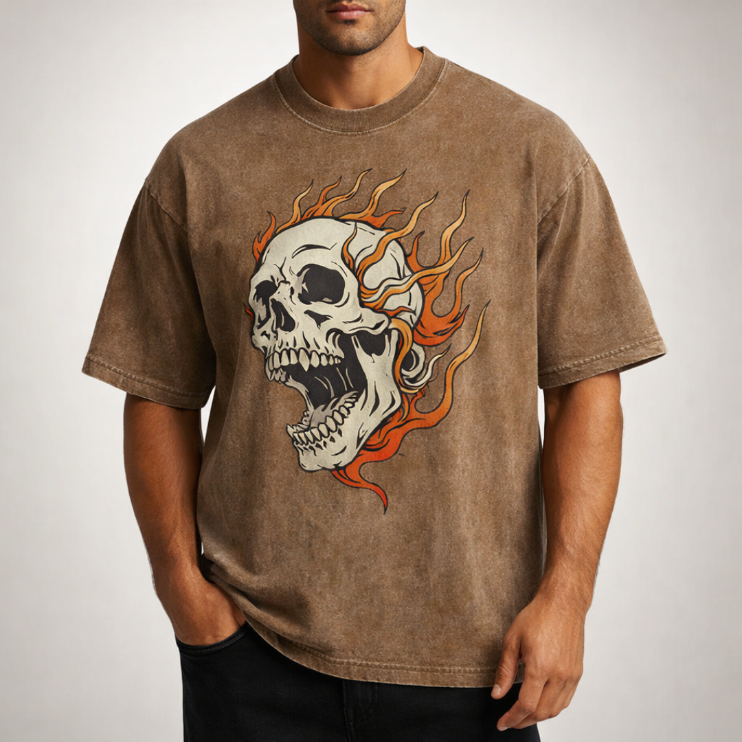 Men's Oversized Acid Wash Skull T-Shirt