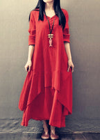 V-Neck Retro Linen-Cotton Dress-HighTouch