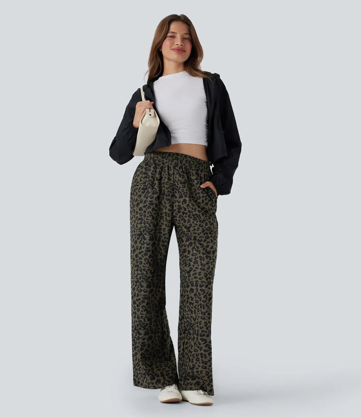 Leopard Print Pants Women Corduroy Baggy Wide Leg Trousers