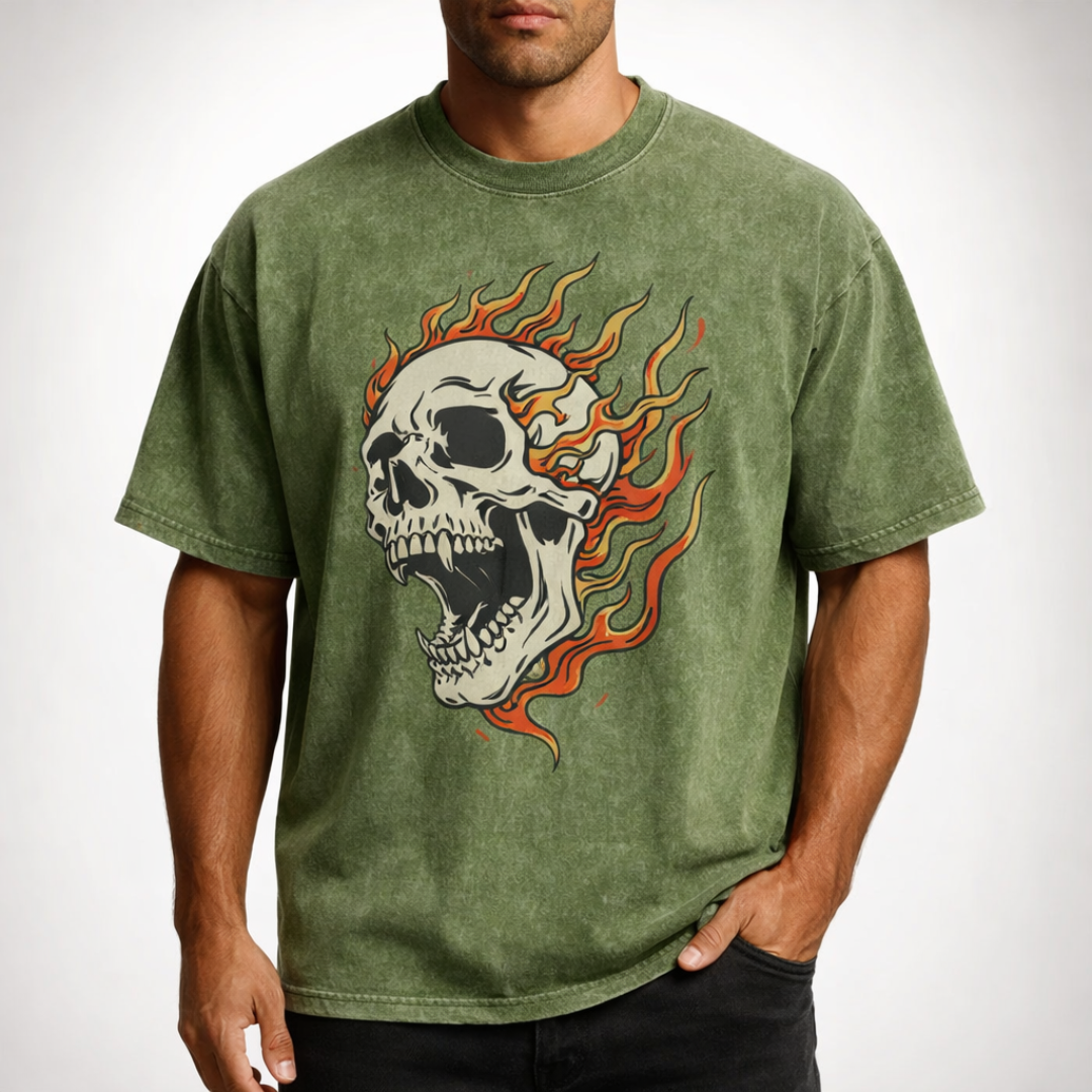 Men's Oversized Acid Wash Skull T-Shirt