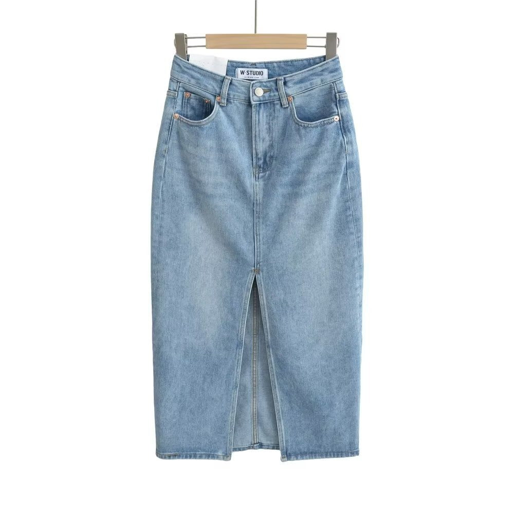 Women’s Front Slit Denim Maxi Skirt – Street Hipster Long Denim Skirt