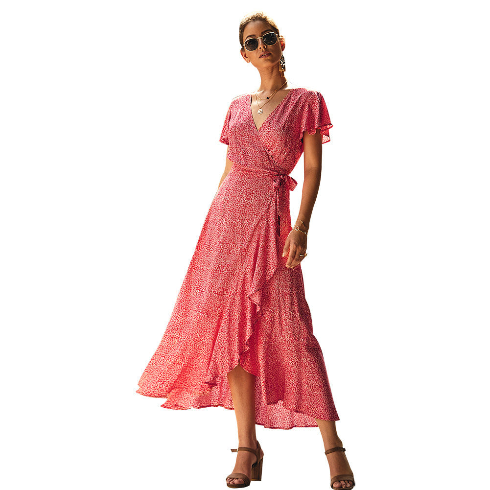 Retro Cotton Floral Dress with Lace-Up | V-Neck Irregular Midi-HighTouch