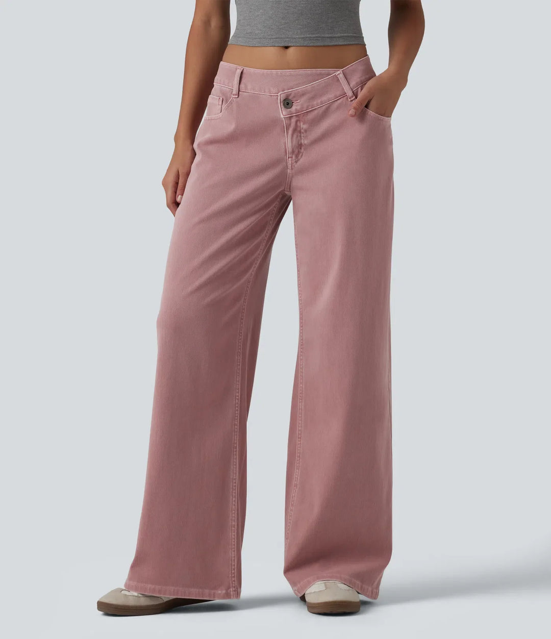 Wide Leg Jeans Women Low Rise Asymmetric Pink Denim