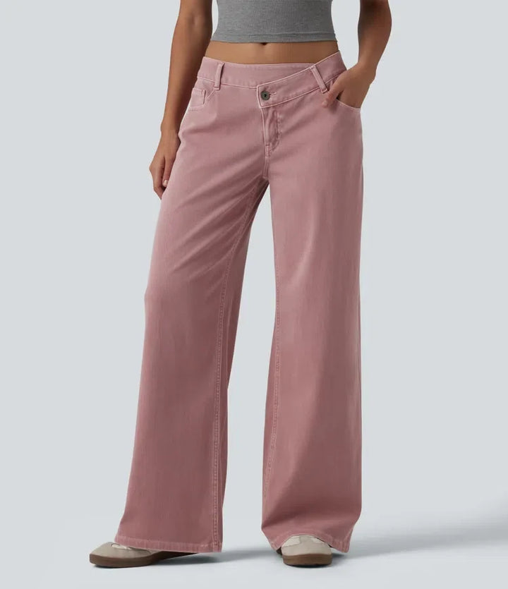 Wide Leg Jeans Women Low Rise Asymmetric Pink Denim