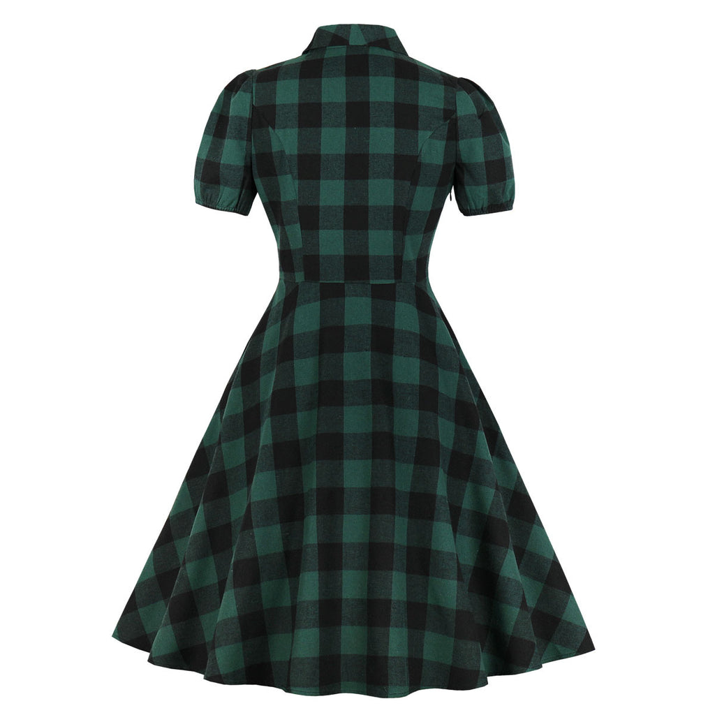 Plaid V-neck button dress-HighTouch