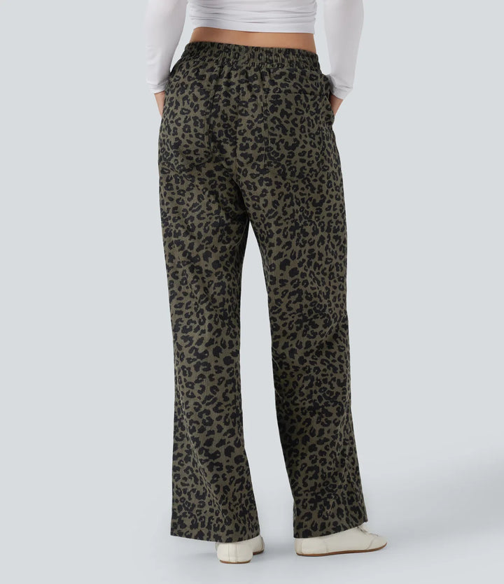 Leopard Print Pants Women Corduroy Baggy Wide Leg Trousers