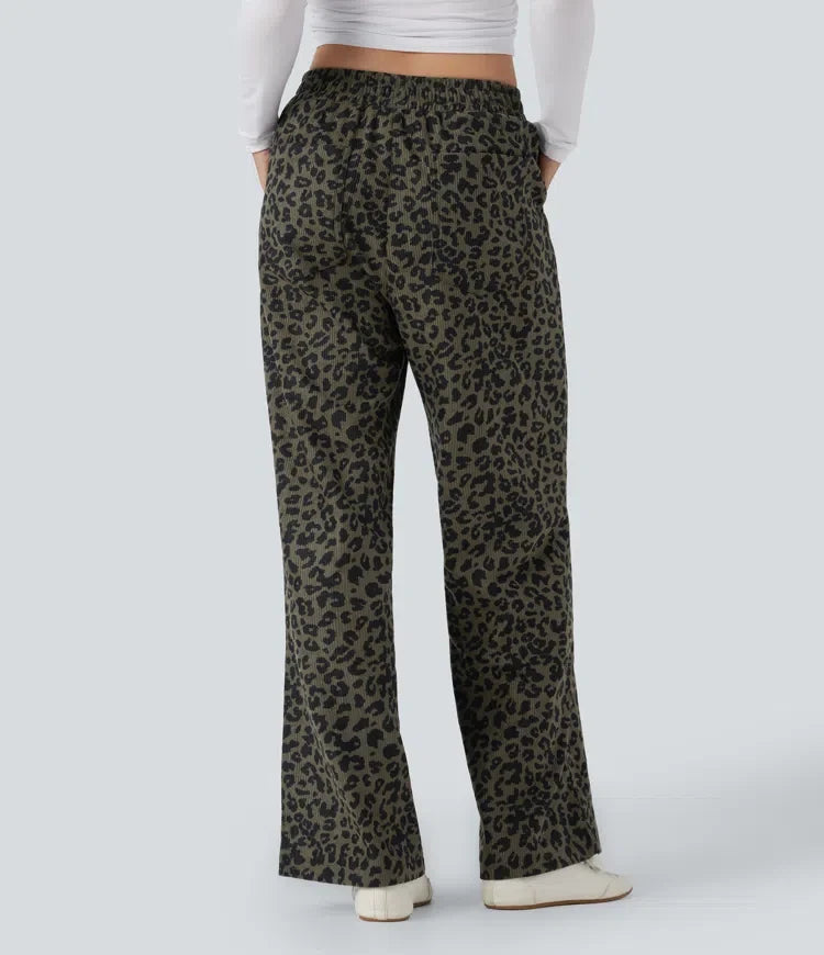 Leopard Print Pants Women Corduroy Baggy Wide Leg Trousers