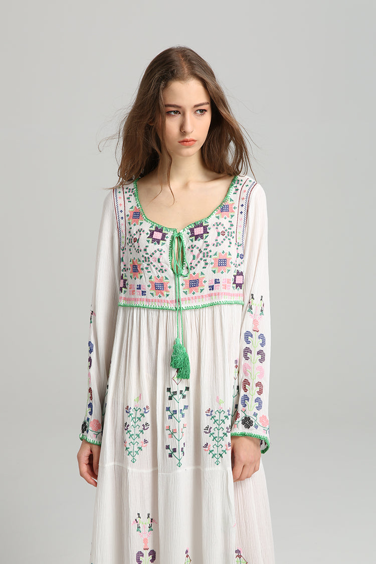 Women's Embroidered Cotton Linen Large Swing Maxi Skirt-HighTouch