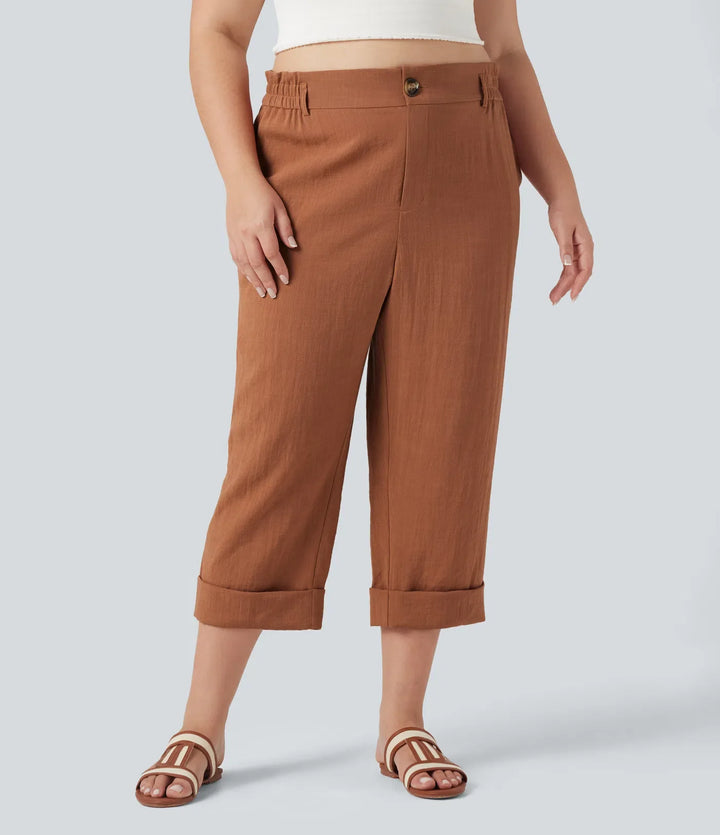 Capri Pants Women Plus Size Linen Feel Resort Trousers Pockets