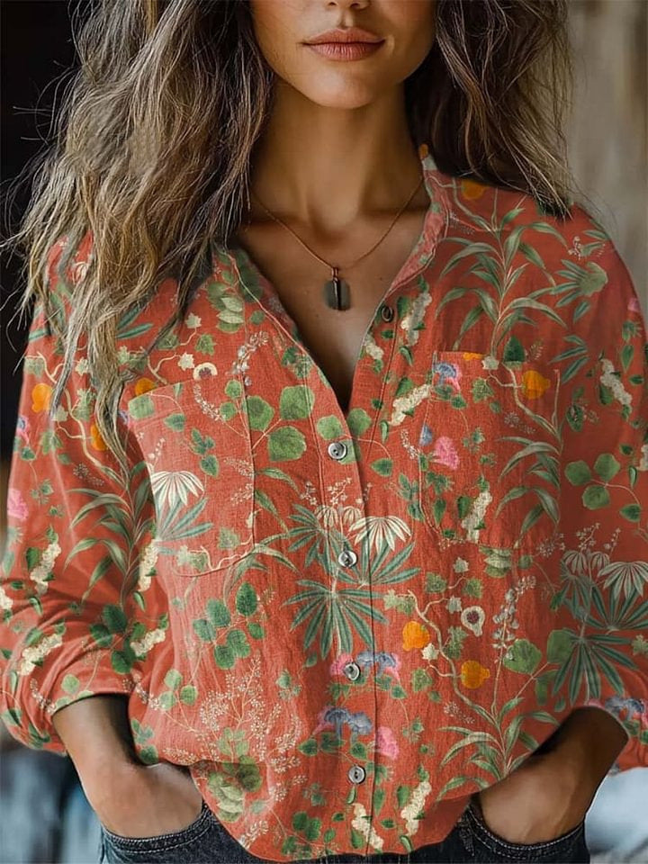Women’s Blouse | Printed V-Neck Long Sleeve-HighTouch