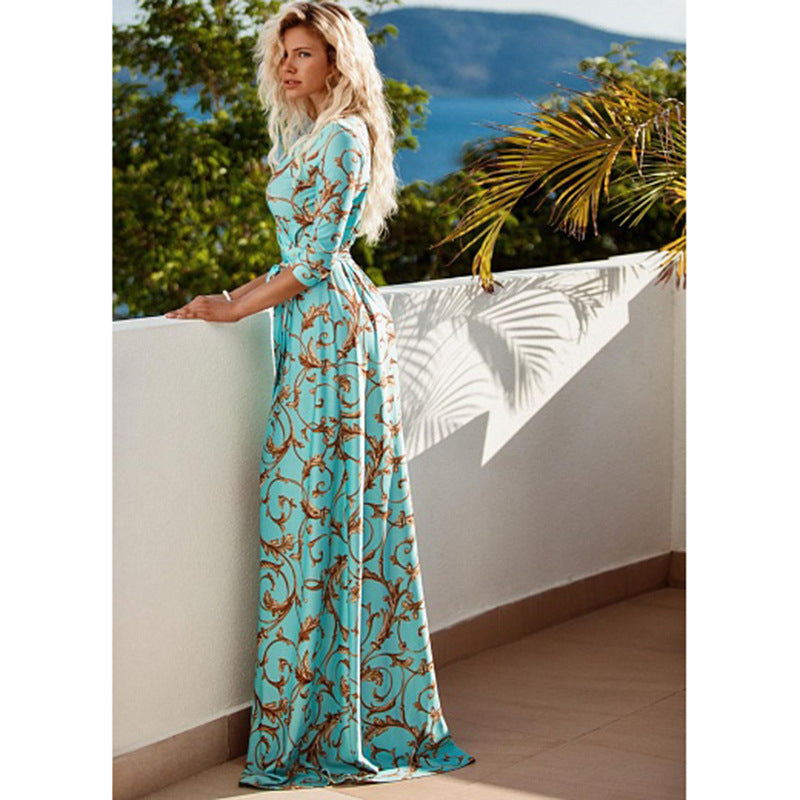 Women's V-Neck Big Swing Maxi Dress – European & American Style-HighTouch