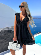 Solid Color Fashion Casual Waist Tight Lace-up Pleated Ruffle Sleeve Dress-HighTouch