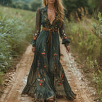 Women's Bohemian Dress | Embroidered V Neck Maxi-HighTouch