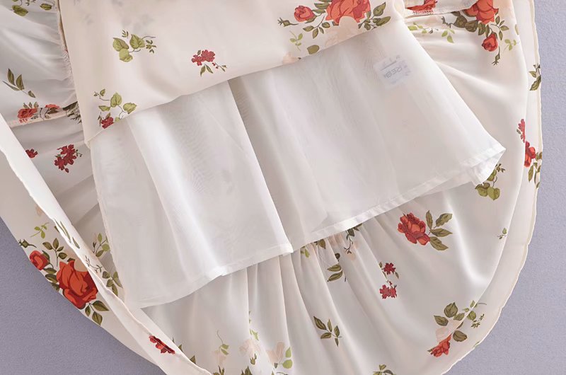 French Retro Printed V-neck Waist Trimming Spaghetti Straps Dress-HighTouch