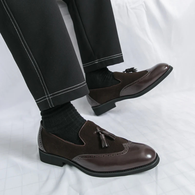 Men's Leather Tassel Loafers with Suede Panels