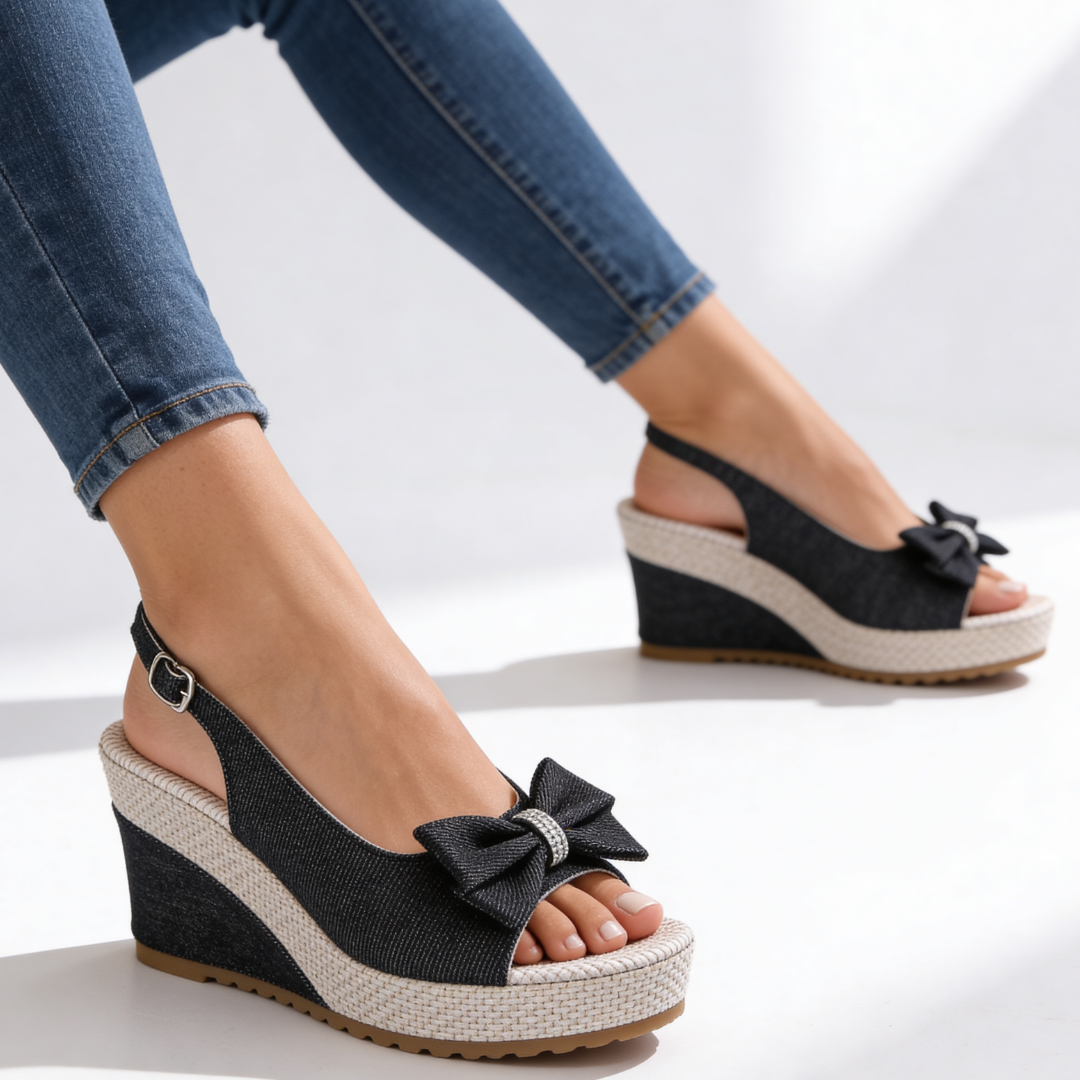 Women's Crystal Bow Wedge Sandals Dress Shoes