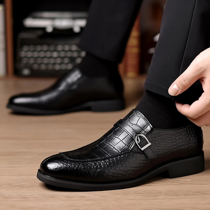 Men’s Leather Monk Strap Shoes – Croc Textured Style