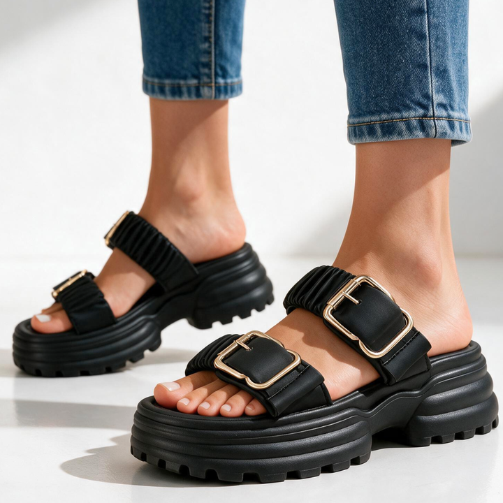 Women's Tessa Ruched Buckle Sandals – Cushioned Comfort