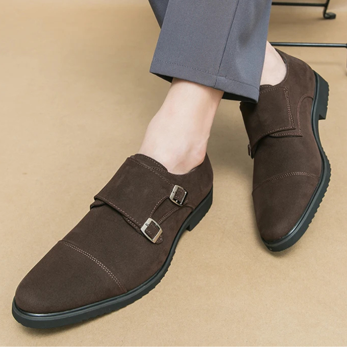 Men’s Suede Monk Strap Shoes – Double Buckle Style