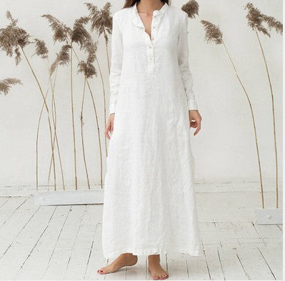 Linen Cotton Long Loose Waist Dress-HighTouch