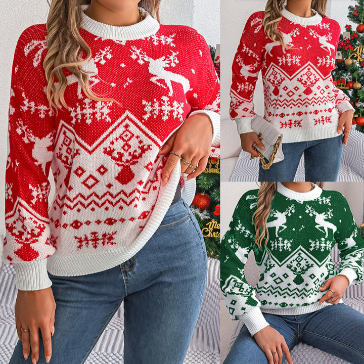 Women's Christmas Deer Print Knit Sweater - Festive Winter Sweater