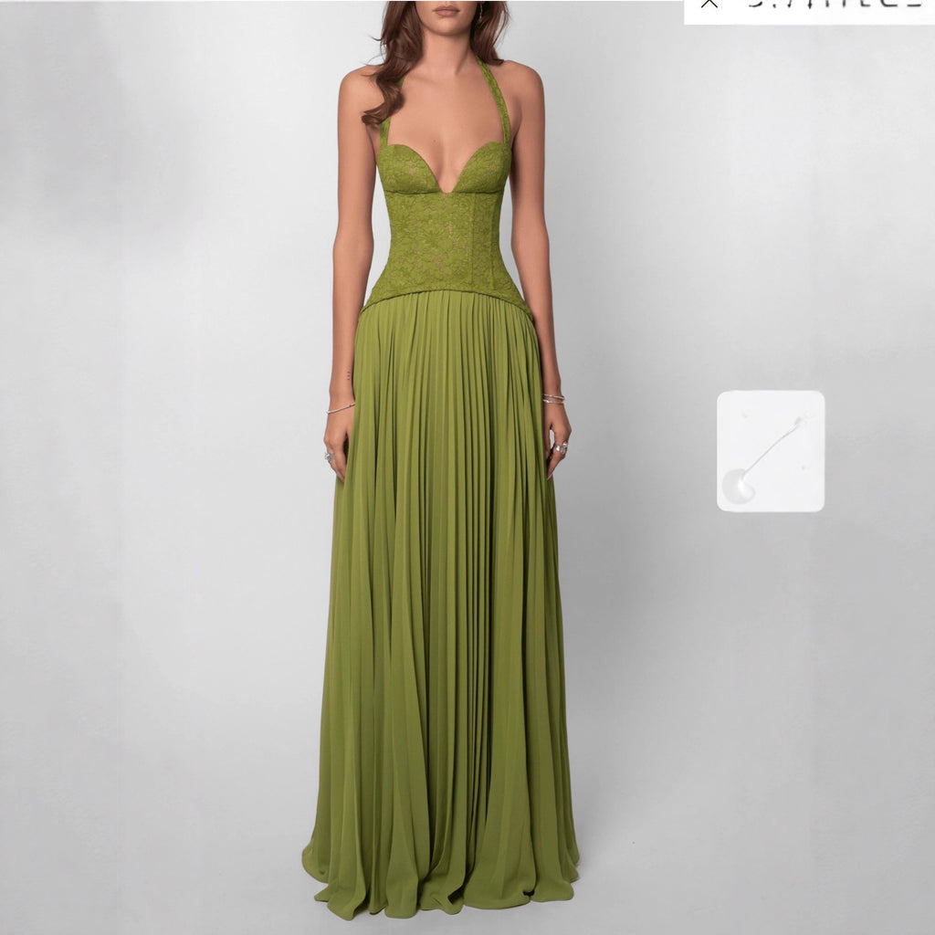 Womens Fashion Backless Halter-neck Low-cut Plunging Pleated Dress-HighTouch