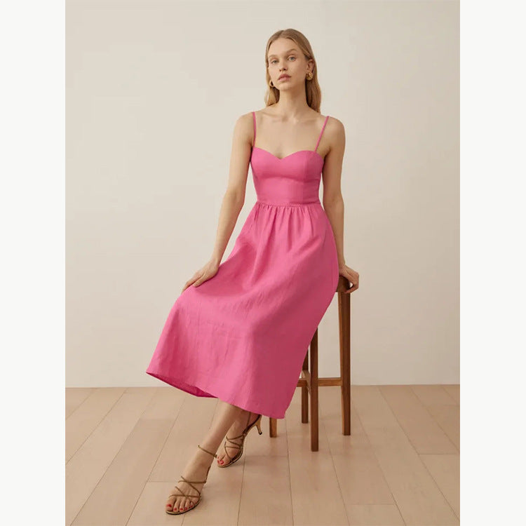 Linen Mid-Fashion Dress with Suspenders-HighTouch
