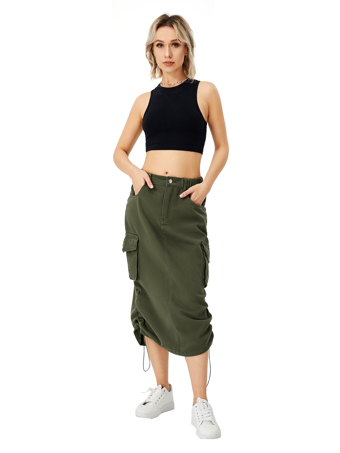 Women's Denim Cargo Midi Skirt – High Waisted Y2K Style with Pockets-HighTouch