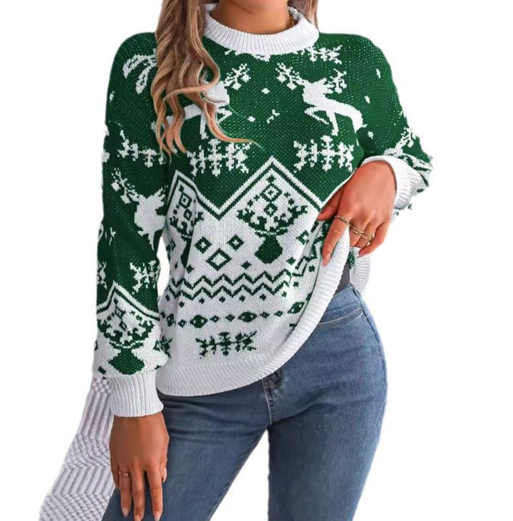 Women's Christmas Deer Print Knit Sweater - Festive Winter Sweater