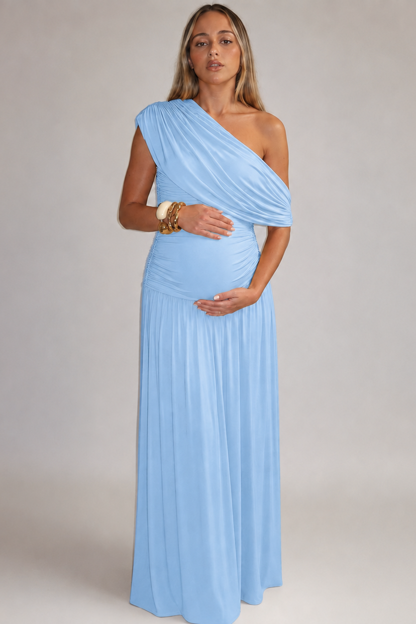 Maternity Maxi Dress – One Shoulder Soft Asymmetric Neckline Ruched Pregnancy Dress