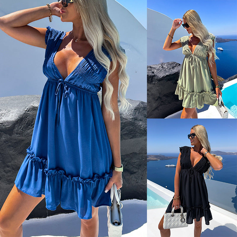 Solid Color Fashion Casual Waist Tight Lace-up Pleated Ruffle Sleeve Dress-HighTouch