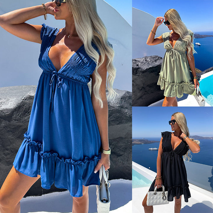 Solid Color Fashion Casual Waist Tight Lace-up Pleated Ruffle Sleeve Dress-HighTouch