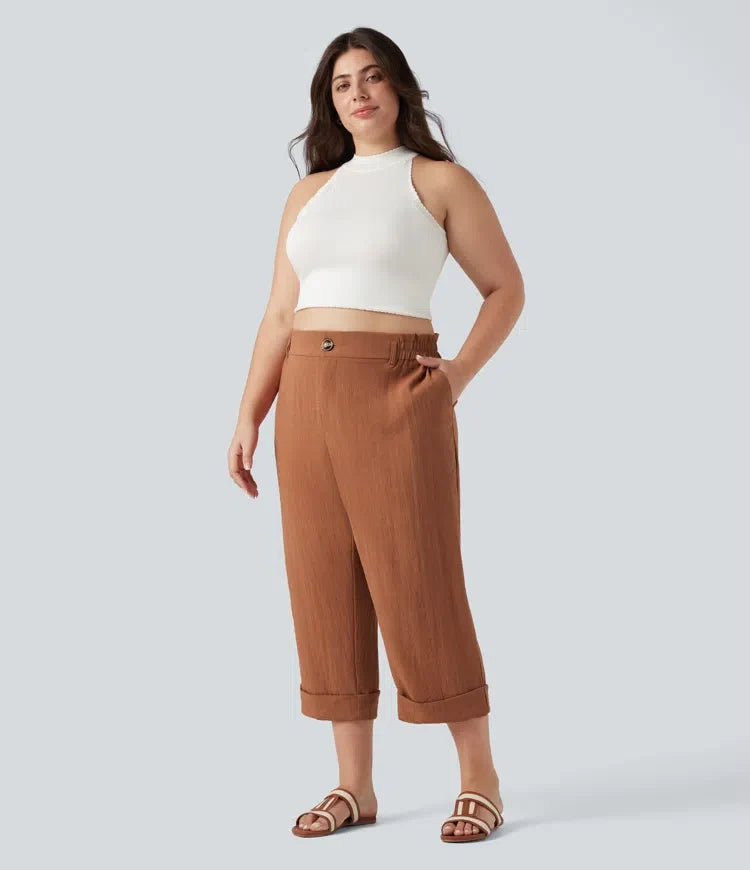 Capri Pants Women Plus Size Linen Feel Resort Trousers Pockets