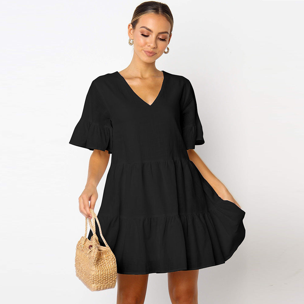 Pure Cotton Short-Sleeved Dress | V-Neck Large Swing Mini-HighTouch